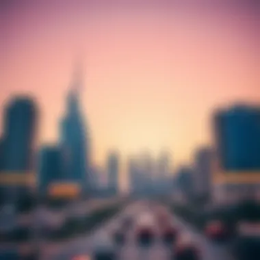 Iconic Downtown Dubai Hotels at Sunset Stunning skyline view of downtown Dubai's iconic hotels at sunset