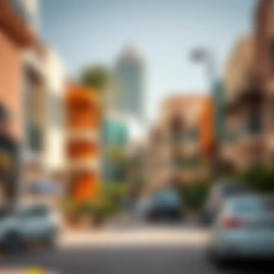 A vibrant street view of an affordable neighborhood in Dubai