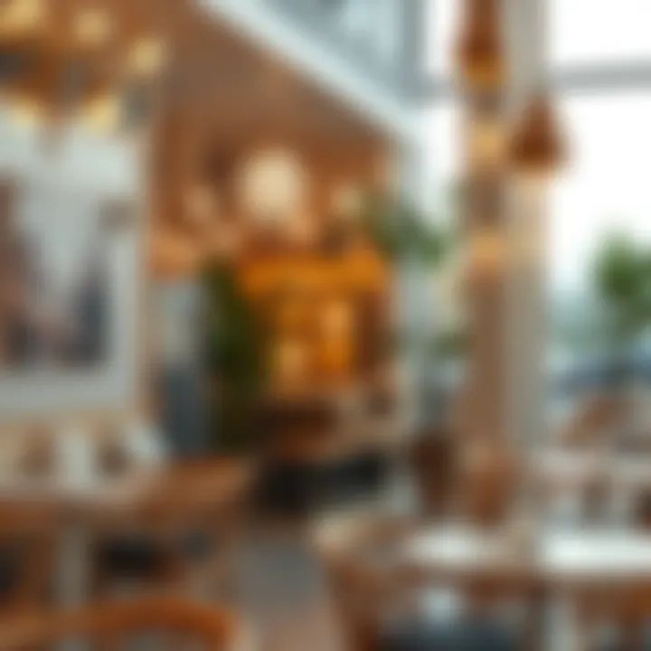 A tranquil cafe setting with soft lighting and unique decor