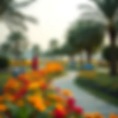 An inviting park with peaceful pathways and vibrant flowers