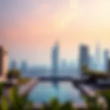 A luxurious rooftop pool with a view of Dubai skyline