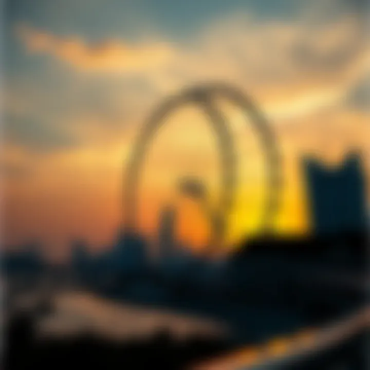 Dramatic sunset view of Dubai Eye with skyline in background