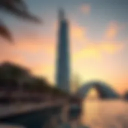 Stunning view of Dubai Creek Tower against the sunset sky