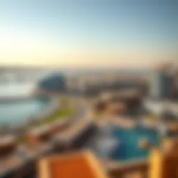 A panoramic view of Al Qana showcasing its modern architecture and waterfront