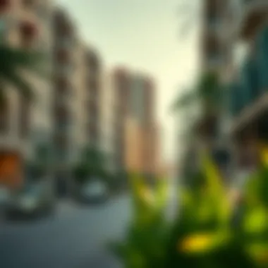 Street view of vibrant neighborhood in Dubai with apartment buildings