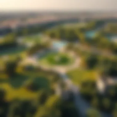 Aerial view showcasing the lush green parks in Arjan