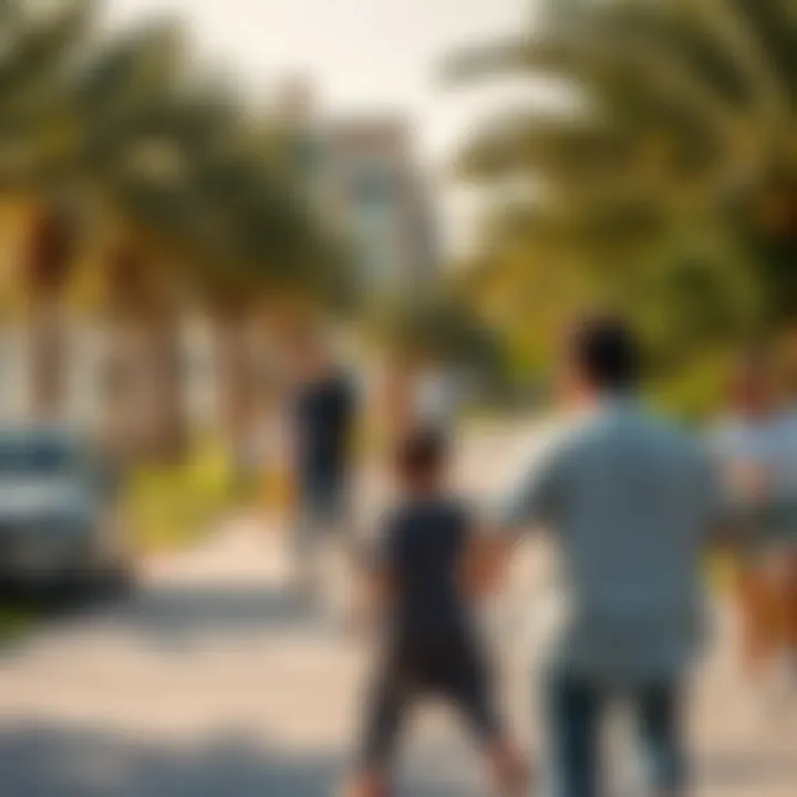 Community park in بني ياس شرق with families enjoying leisure activities