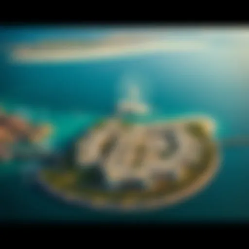 Stunning aerial view of Blue Waters Island showcasing luxury residences and the iconic Ferris wheel.