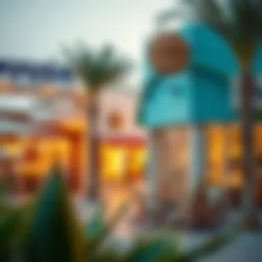 Vibrant lifestyle scene at Blue Waters Island featuring cafes, shops, and outdoor spaces.