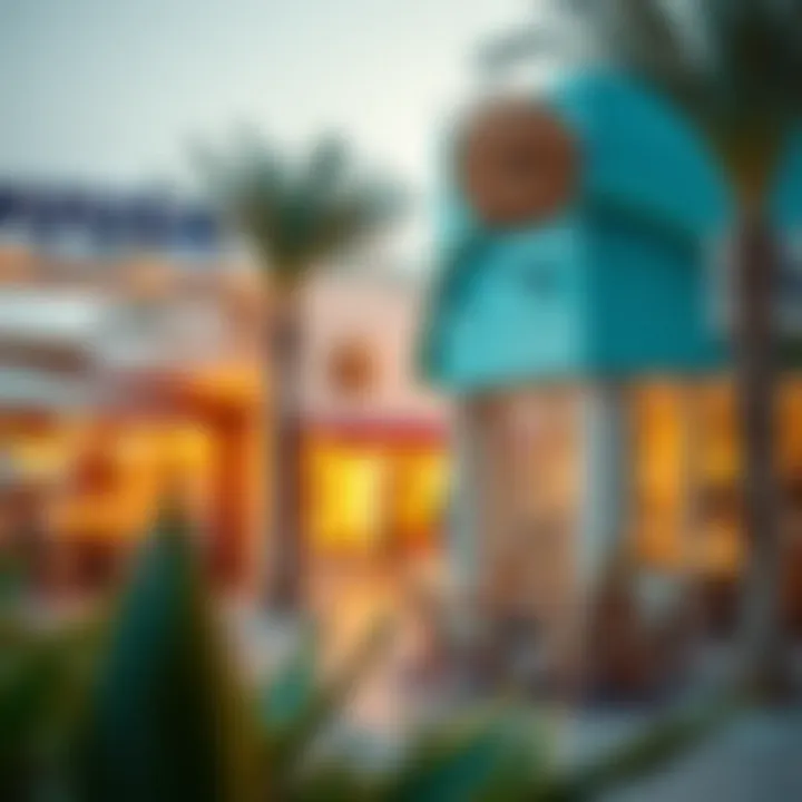 Vibrant lifestyle scene at Blue Waters Island featuring cafes, shops, and outdoor spaces.