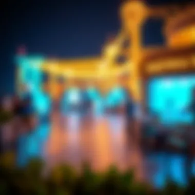 Nightlife at Blue Waters Island highlighting vibrant lights and lively atmosphere.