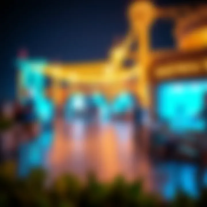 Nightlife at Blue Waters Island highlighting vibrant lights and lively atmosphere.