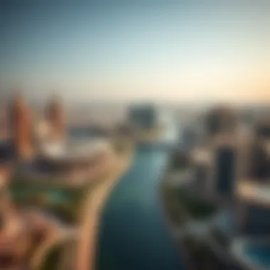 Aerial Perspective of Dubai Riverland Aerial view of Dubai Riverland showcasing its stunning architecture and waterways