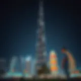 A stunning view of the Burj Khalifa illuminated at night