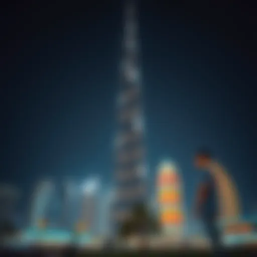 A stunning view of the Burj Khalifa illuminated at night