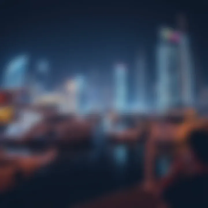 The vibrant atmosphere of the Dubai Marina with yachts and lights