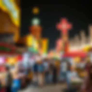 A bustling night market filled with colorful stalls and vibrant lights