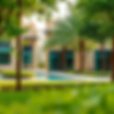 Serene landscape of Al Barsha Park featuring lush greenery and walking paths.