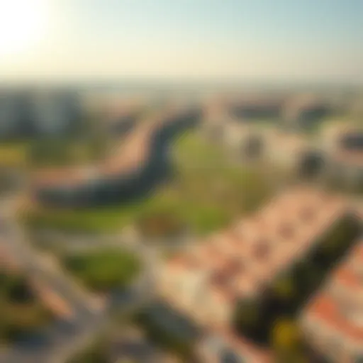 Aerial view of JVC District 14 showcasing residential developments and green spaces