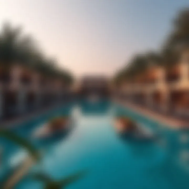 Relaxation Oasis at Pearl Jumeirah Breathtaking view of the hotel pool area surrounded by palm trees and luxurious cabanas.