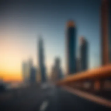 Modern skyscrapers lining Sheikh Zayed Road at sunset