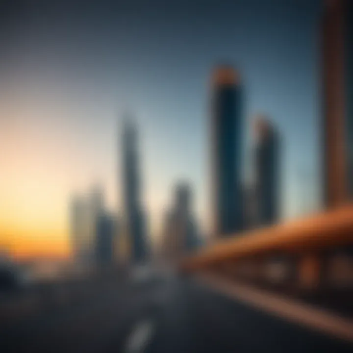 Modern skyscrapers lining Sheikh Zayed Road at sunset