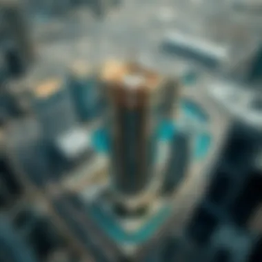 Aerial perspective of the Alamir Building within Dubai's skyline