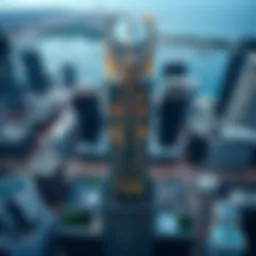 Aerial view showcasing the Index Tower's unique design.