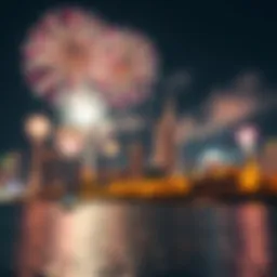 Spectacular fireworks illuminate the Dubai skyline at midnight