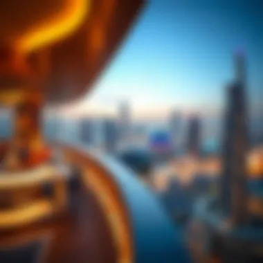 Panoramic Views from a Dubai Rooftop Bar Luxurious rooftop bar offering stunning views over Dubai