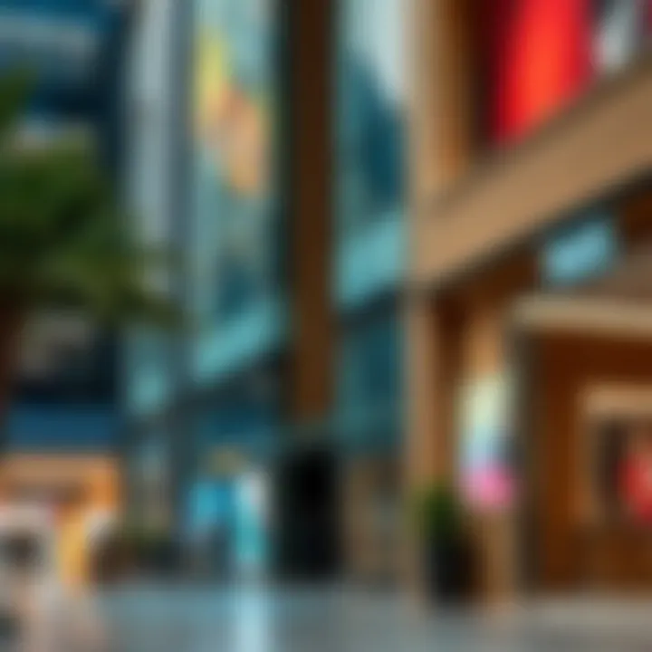 Modern storefronts in a bustling shopping area