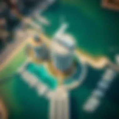 Aerial view of Torch Tower Marina showcasing its unique architectural design