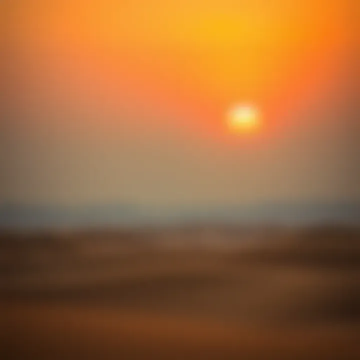 A tranquil desert landscape illuminated by the fading sunlight