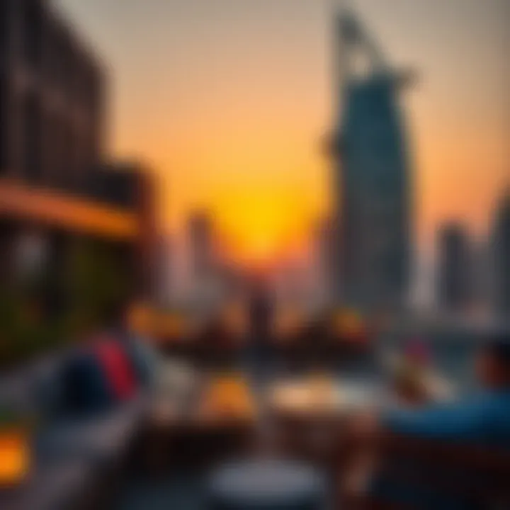 A lively rooftop setting in Dubai with a vibrant sunset backdrop