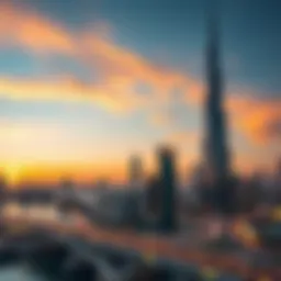 A breathtaking view of the Dubai skyline at sunset with vibrant hues