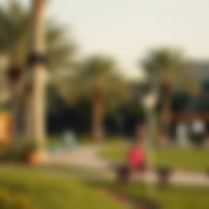 Community park in a budget-friendly district of Dubai with families enjoying the amenities