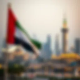UAE flag waving with skyline