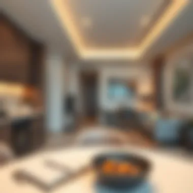 Amenities in a studio apartment, including kitchen and living area