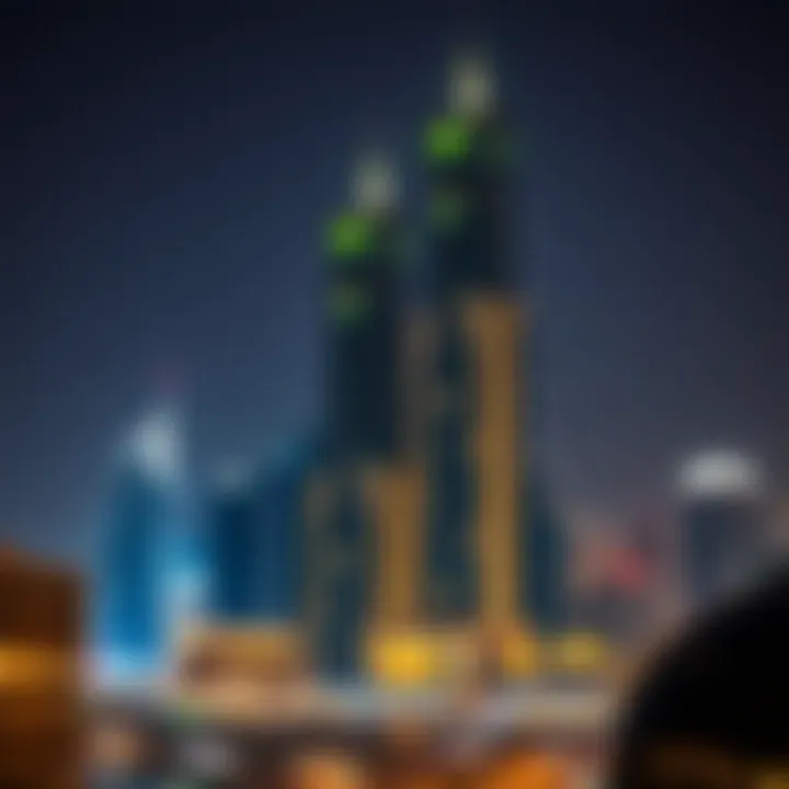 Nighttime view of Paramount Towers illuminated against the skyline