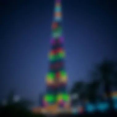 Illuminated Prism Tower at Night Night view of the Prism Tower illuminated with vibrant colors