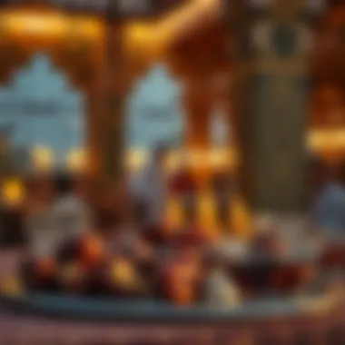 A close-up of a traditional Ramadan Iftar setting with dates and water