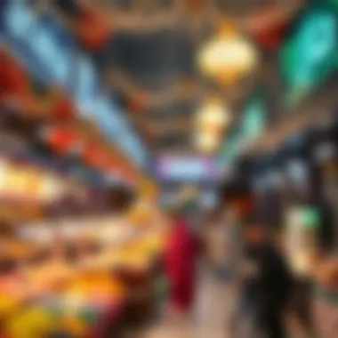 A vibrant market scene in Dubai during Ramadan with decorations and shoppers
