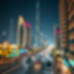 A panoramic view of Dubai during Ramadan with illuminated buildings and bustling streets