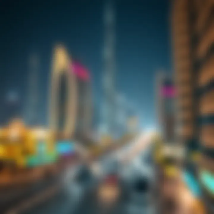 A panoramic view of Dubai during Ramadan with illuminated buildings and bustling streets