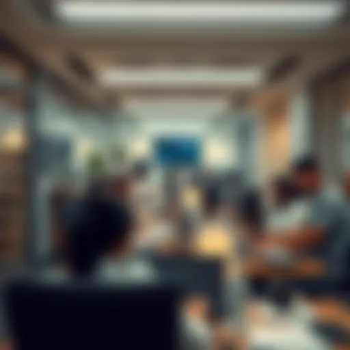 A bustling Dubai office with employees engaged in work