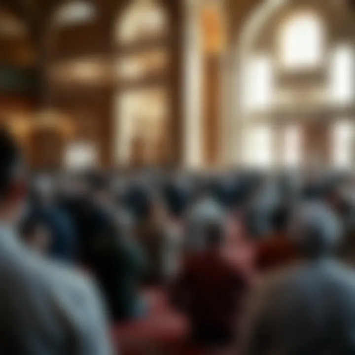 Community gathering for prayers in a mosque